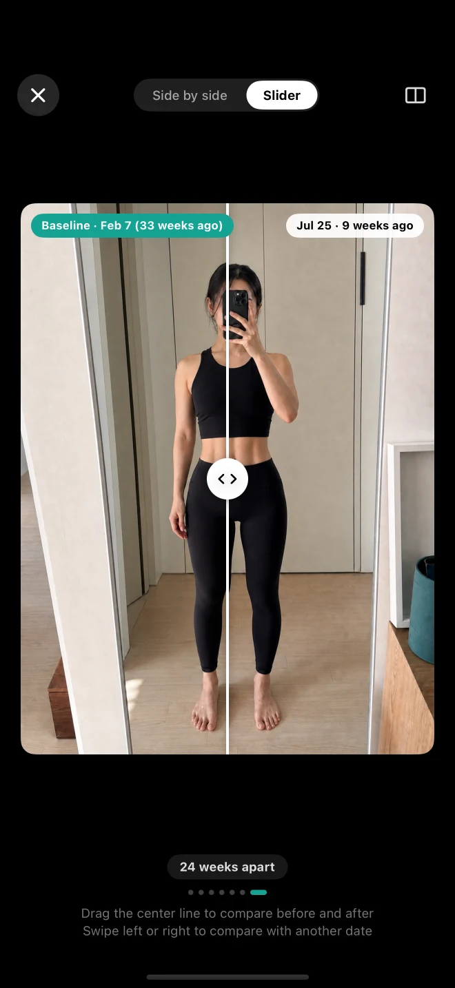 Slider comparison of a baseline photo and a later photo, each labeled with its date