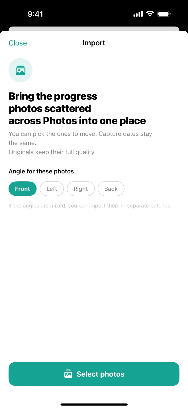 Import screen choosing one angle for a batch of photos from the camera roll